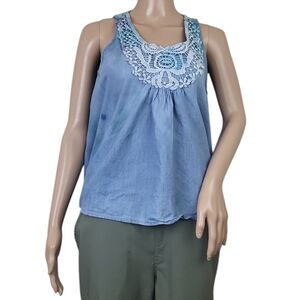ZARA BASIC Denim Swing Top Embroidered Neck